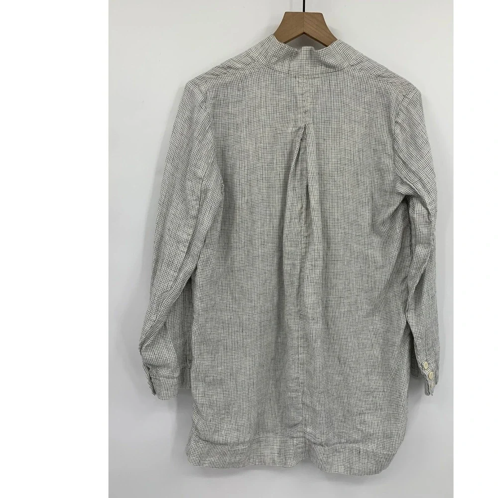 Eileen Fisher Jacket Womens Small Petite White Black Check Organic Linen Button